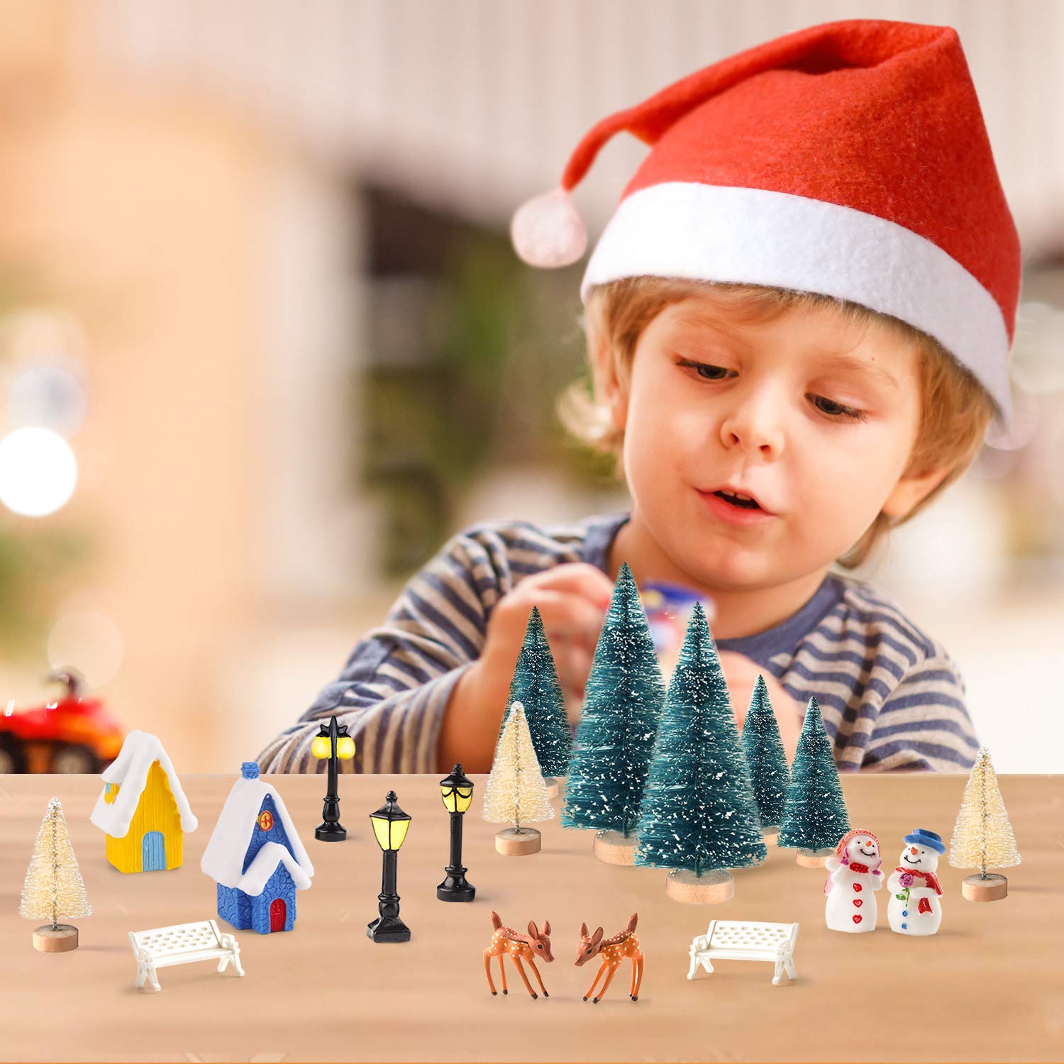 KUUQA Mini Christmas Trees Bottle Brush Trees with Snowmen Reindeer, 31Pcs Christmas Village Sets Village Accessories Ornaments